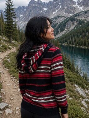 L-RL Lauren Active Ralph Lauren Zip Hoodie Wool Blend Fair Isle Striped Women M